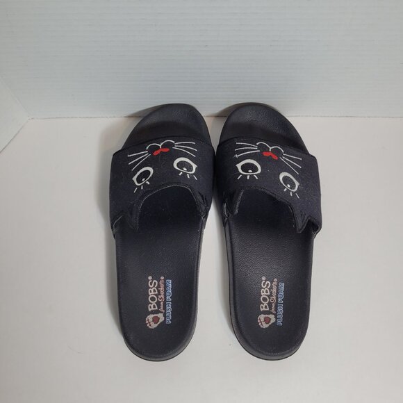 Bobs By Skechers Black Cat Slides Sandals Plush Foam w/ Ears Size 10 - Picture 6 of 8